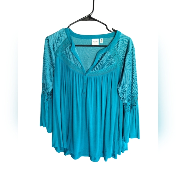 Rafaella Weekend Crushed Velvet TEAL Boho Top Bell Sleeves Ladies Medium Flare - Picture 1 of 6